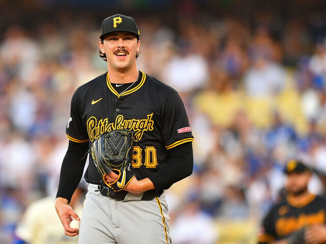 LOS ANGELES, CA - AUGUST 10: Pittsburgh Pirates pitcher Paul Skenes (30) looks on during the MLB game between the Pittsburgh Pirates and the Los Angeles Dodgers on August 10, 2024 at Dodger Stadium in Los Angeles, CA.