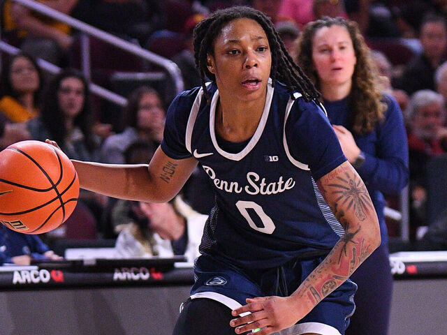 LOS ANGELES, CA - JANUARY 12: Penn State Nitty Lions guard Gabby Elliott (0) looks to drive to the basket during the women's college basketball game between the Penn State Nitty Lions and the USC Trojans on January 12, 2025 at Galen Center in Los Angeles, CA.
