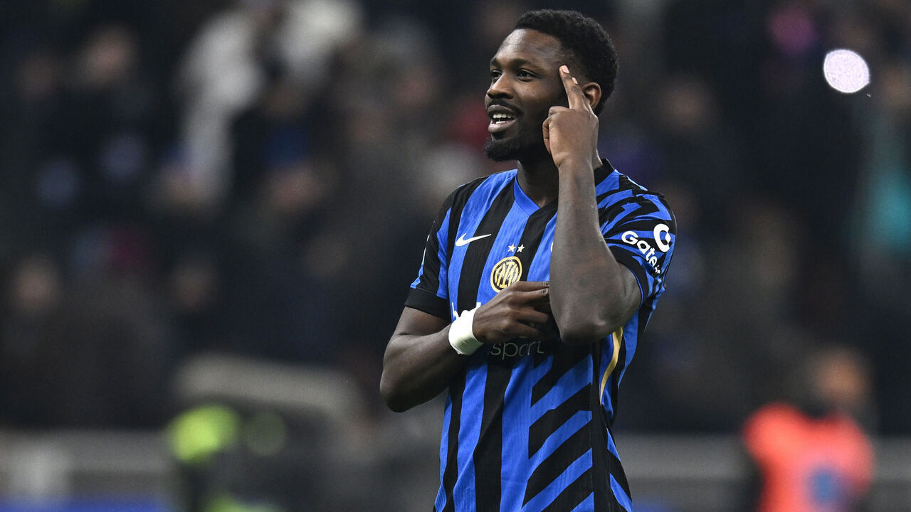 MILAN, ITALY - JANUARY 19: Marcus Thuram of Internazionale celebrates his goal during the Serie A match between Inter and Empoli at Stadio Giuseppe Meazza on January 19, 2025 in Milan, Italy.