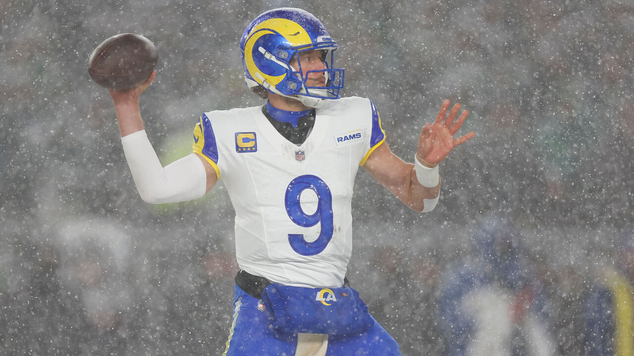 PHILADELPHIA, PENNSYLVANIA - JANUARY 19: Matthew Stafford #9 of the Los Angeles Rams throws a pass in the third quarter during the NFC Divisional Playoff game against the Philadelphia Eagles at Lincoln Financial Field on January 19, 2025 in Philadelphia, Pennsylvania.