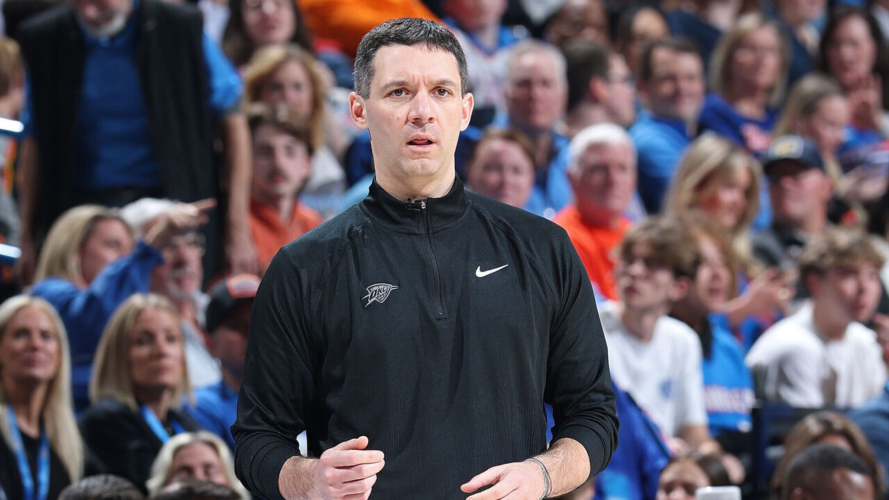 OKLAHOMA CITY, OK - JANUARY 16: Head Coach Mark Daigneault of the Oklahoma City Thunder looks on during the game against the Cleveland Cavaliers on January 16, 2025 at Paycom Center in Oklahoma City, Oklahoma. Mandatory Copyright Notice: Copyright 2025 NBAE