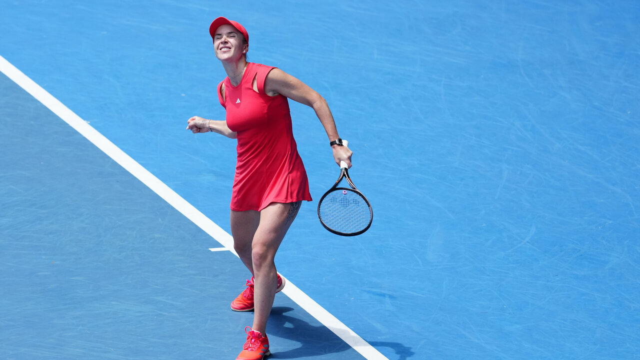 MELBOURNE, AUSTRALIA - JANUARY 20: Elina Svitolina of Ukraine celebrates a point against Veronika Kudermetova in the Women's Singles Fourth Round match during day nine of the 2025 Australian Open at Melbourne Park on January 20, 2025 in Melbourne, Australia.