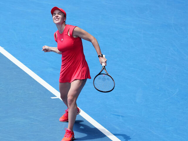 MELBOURNE, AUSTRALIA - JANUARY 20: Elina Svitolina of Ukraine celebrates a point against Veronika Kudermetova in the Women's Singles Fourth Round match during day nine of the 2025 Australian Open at Melbourne Park on January 20, 2025 in Melbourne, Australia.