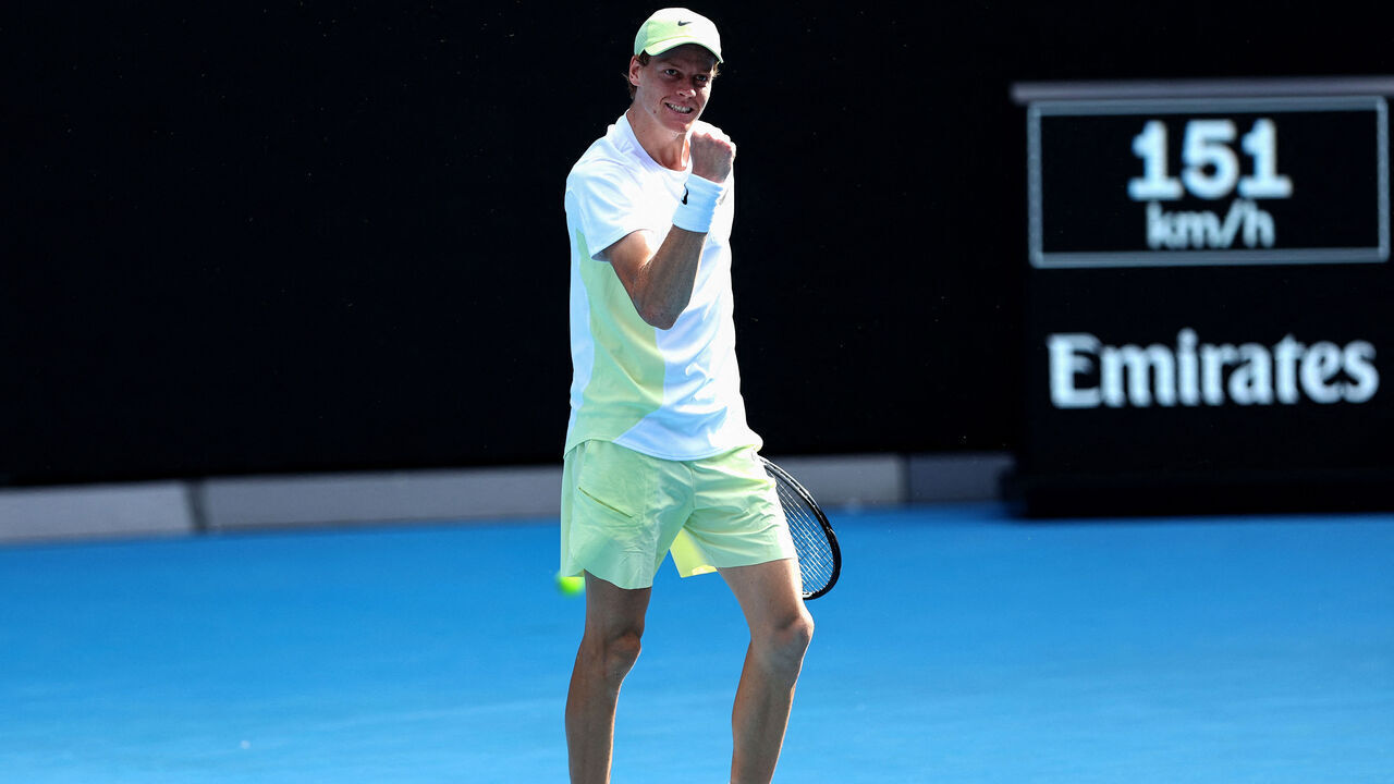 Italy's Jannik Sinner celebrates the match point against Denmark's Holger Rune after the men's singles match on day nine of the Australian Open tennis tournament in Melbourne on January 20, 2025.