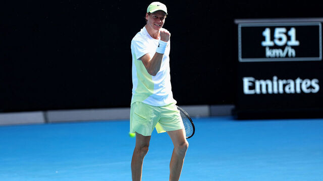 Italy's Jannik Sinner celebrates the match point against Denmark's Holger Rune after the men's singles match on day nine of the Australian Open tennis tournament in Melbourne on January 20, 2025.