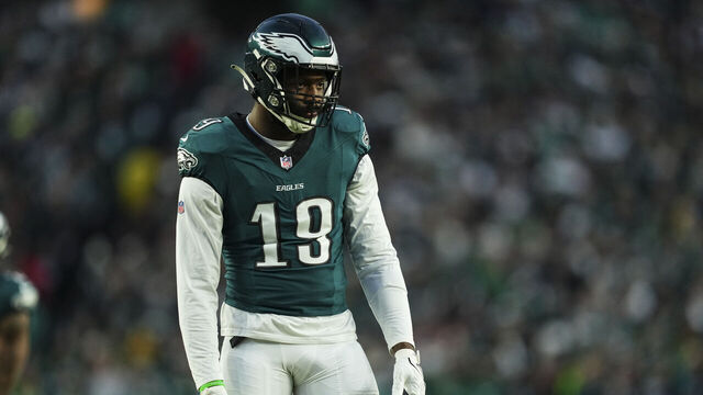 PHILADELPHIA, PA - JANUARY 12: Josh Sweat #19 of the Philadelphia Eagles lines up before the snap during an NFL football wild card playoff game against the Green Bay Packers at Lincoln Financial Field on January 12, 2025 in Philadelphia, Pennsylvania.