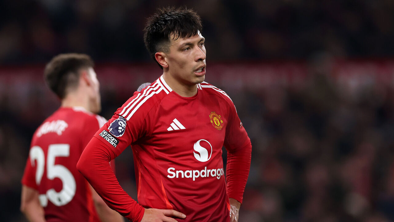 MANCHESTER, ENGLAND - JANUARY 16: Lisandro Martinez of Manchester United reacts to own goal scored by teammate Manuel Ugarte of Manchester United (not pictured) during the Premier League match between Manchester United FC and Southampton FC at Old Trafford on January 16, 2025 in Manchester, England.
