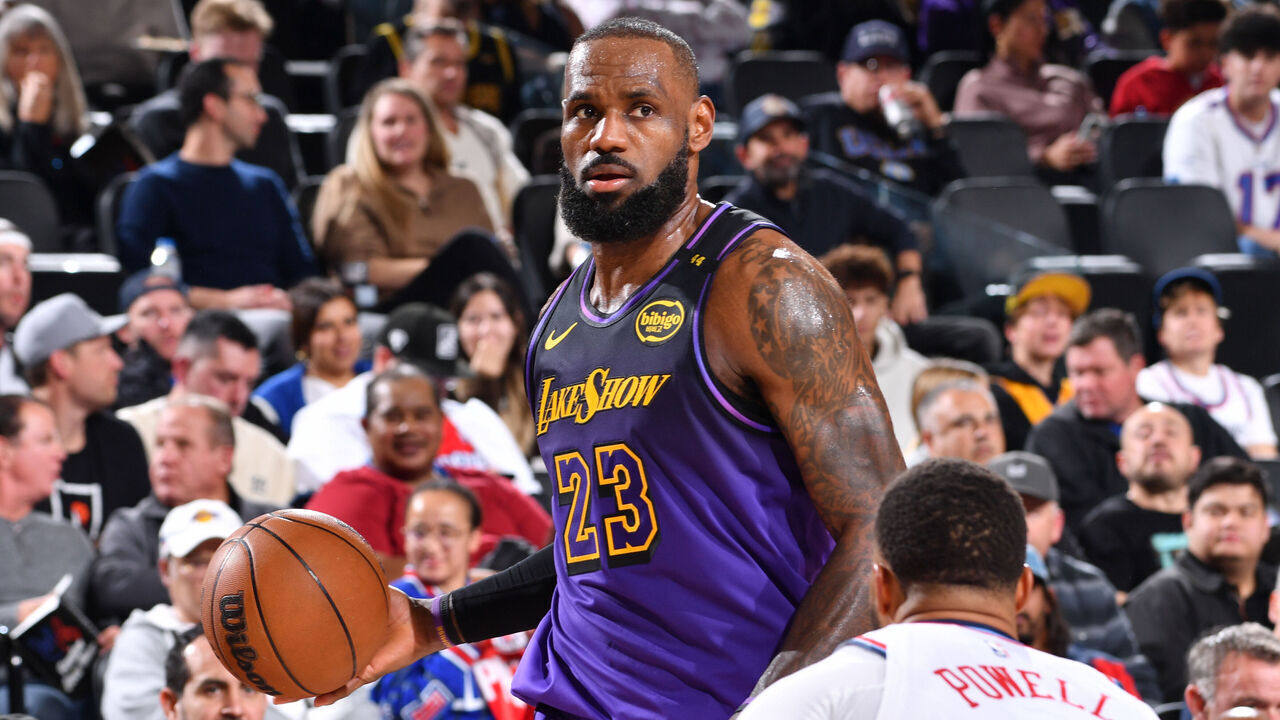 INGLEWOOD, CA - JANUARY 19: LeBron James #23 of the Los Angeles Lakers dribbles the ball during the game against the LA Clippers on January 19, 2025 at Intuit Dome in Los Angeles, California. NOTE TO USER: User expressly acknowledges and agrees that, by downloading and/or using this Photograph, user is consenting to the terms and conditions of the Getty Images License Agreement. Mandatory Copyright Notice: Copyright 2025 NBAE
