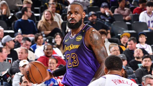 INGLEWOOD, CA - JANUARY 19: LeBron James #23 of the Los Angeles Lakers dribbles the ball during the game against the LA Clippers on January 19, 2025 at Intuit Dome in Los Angeles, California. NOTE TO USER: User expressly acknowledges and agrees that, by downloading and/or using this Photograph, user is consenting to the terms and conditions of the Getty Images License Agreement. Mandatory Copyright Notice: Copyright 2025 NBAE