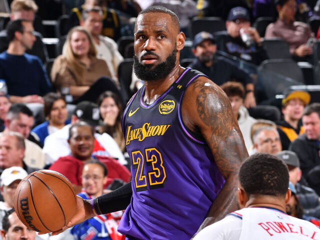INGLEWOOD, CA - JANUARY 19: LeBron James #23 of the Los Angeles Lakers dribbles the ball during the game against the LA Clippers on January 19, 2025 at Intuit Dome in Los Angeles, California. NOTE TO USER: User expressly acknowledges and agrees that, by downloading and/or using this Photograph, user is consenting to the terms and conditions of the Getty Images License Agreement. Mandatory Copyright Notice: Copyright 2025 NBAE