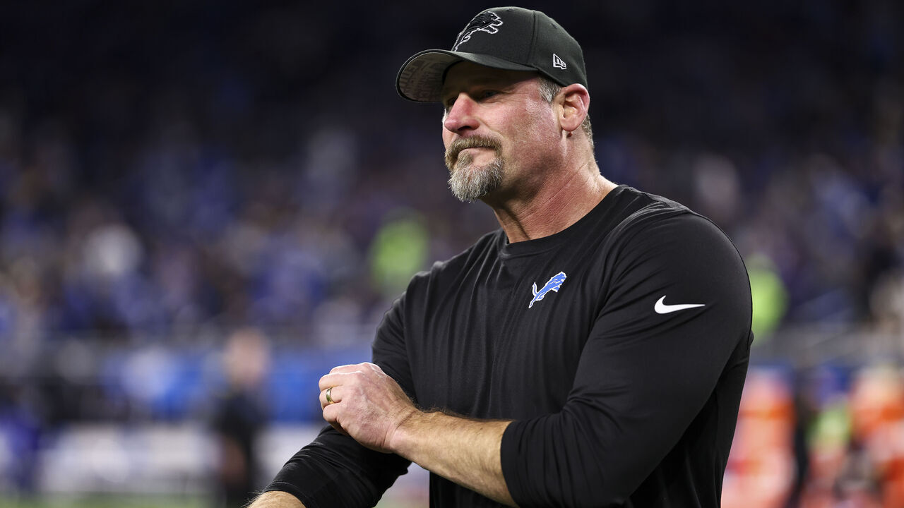 DETROIT, MICHIGAN - JANUARY 5: Head coach Dan Campbell of the Detroit Lions walks on the field prior to an NFL football game against the Minnesota Vikings at Ford Field on January 5, 2025 in Detroit, Michigan.