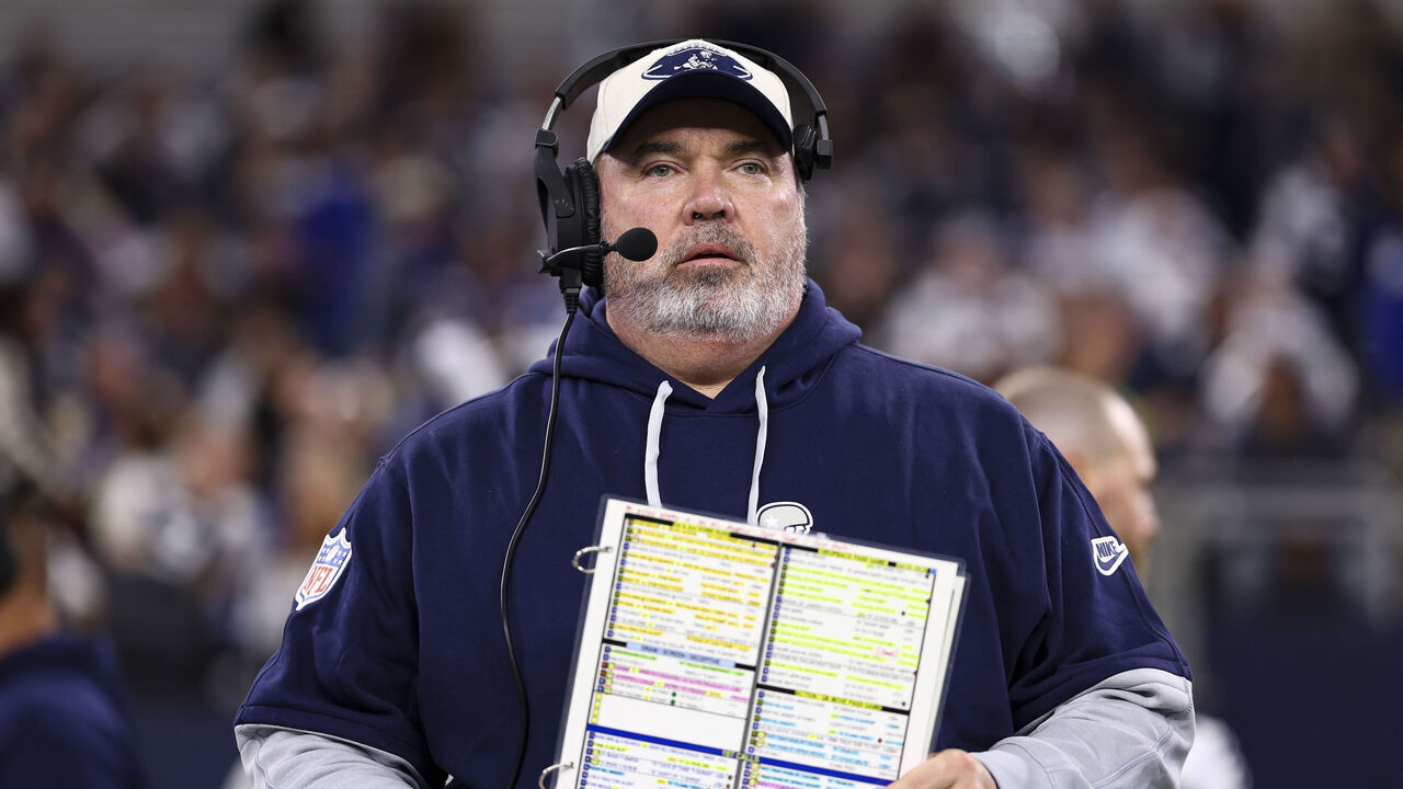 ARLINGTON, TEXAS - NOVEMBER 28: Head coach Mike McCarthy of the Dallas Cowboys looks on from the sidelines prior to an NFL football game against the New York Giants at AT&T Stadium on November 28, 2024 in Arlington, Texas.