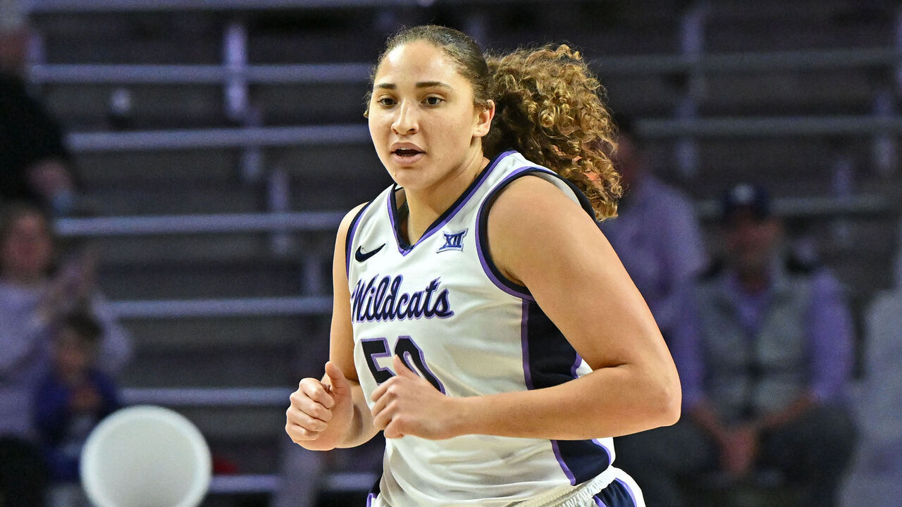 MANHATTAN, KS - JANUARY 04: Ayoka Lee #50 of the Kansas State Wildcats runs up the court after scoring a basket against the Texas Tech Red Raiders in the first half at Bramlage Coliseum on January 4, 2025 in Manhattan, Kansas.