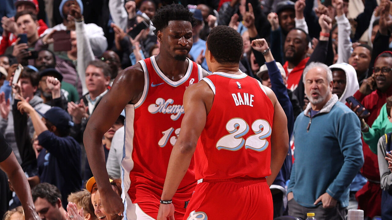 MEMPHIS, TN - JANUARY 20: Jaren Jackson Jr. #13 and Desmond Bane #22 of the Memphis Grizzlies celebrate after the game against the Minnesota Timberwolves on January 20, 2025 at FedExForum in Memphis, Tennessee. Mandatory Copyright Notice: Copyright 2025 NBAE
