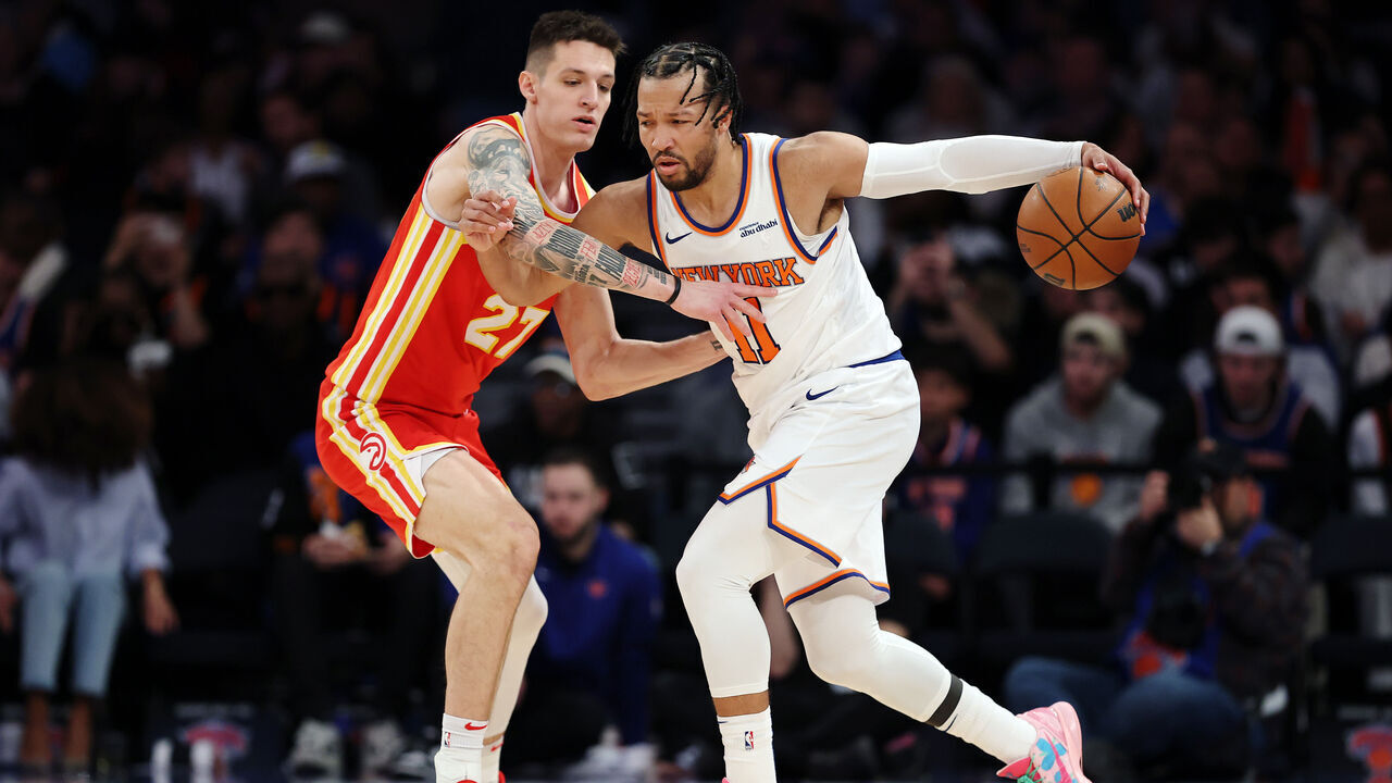 NEW YORK, NEW YORK - JANUARY 20: Jalen Brunson #11 of the New York Knicks dribbles against Vit Krejci #27 of the Atlanta Hawks during the second half at Madison Square Garden on January 20, 2025 in New York City. The Knicks won 119-110.
