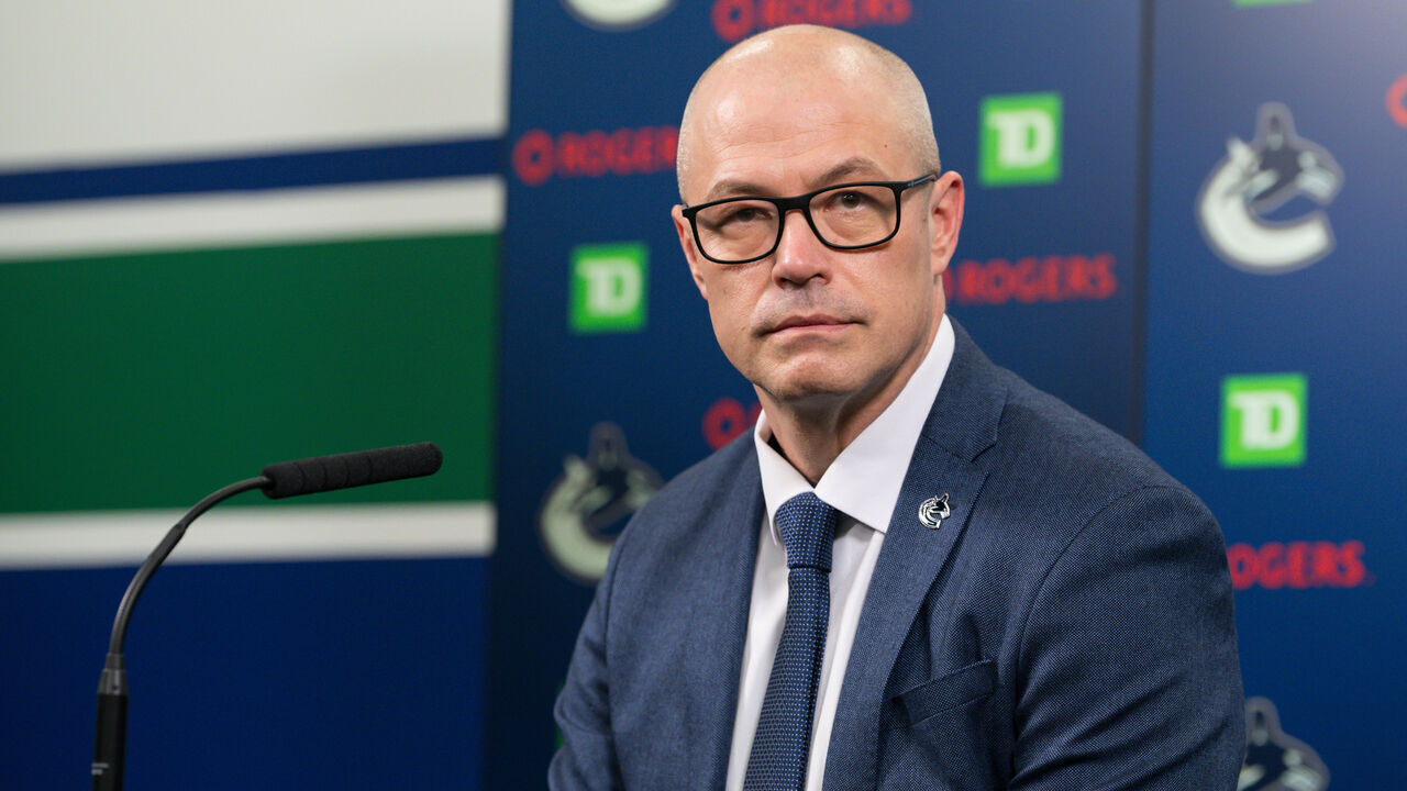 VANCOUVER, BC - MARCH 20: Vancouver Canucks general manager Patrik Allvin speaks to the press prior to their NHL game against the Buffalo Sabres at Rogers Arena on March 20, 2022 in Vancouver, British Columbia, Canada.
