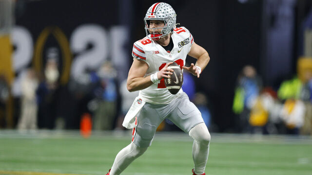ATLANTA, GEORGIA - JANUARY 20: Will Howard #18 of the Ohio State Buckeyes looks on during the first quarter against the Notre Dame Fighting Irish in the 2025 CFP National Championship at the Mercedes-Benz Stadium on January 20, 2025 in Atlanta, Georgia.