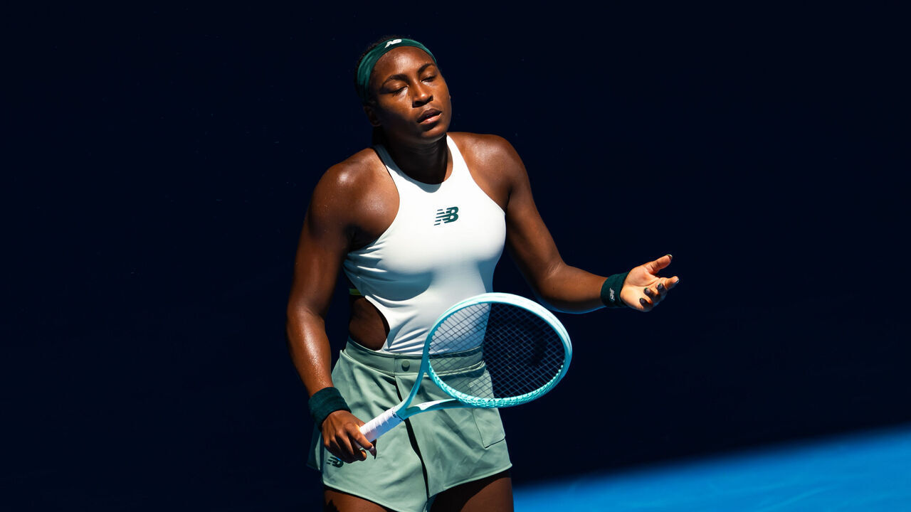 MELBOURNE, AUSTRALIA - JANUARY 21: Coco Gauff of the United States reacts while playing against Paula Badosa of Spain in the quarter-final on Day 10 of the 2025 Australian Open at Melbourne Park on January 21, 2025 in Melbourne, Australia