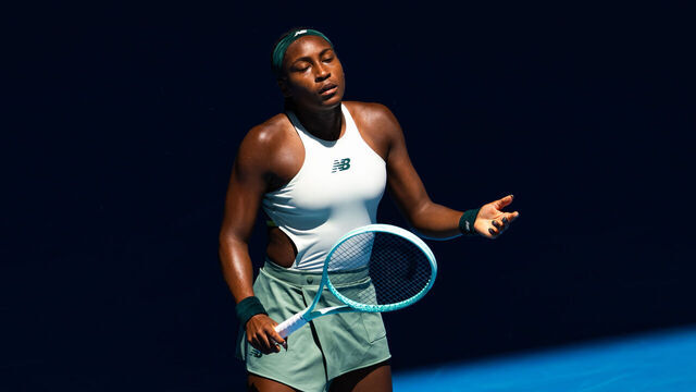 MELBOURNE, AUSTRALIA - JANUARY 21: Coco Gauff of the United States reacts while playing against Paula Badosa of Spain in the quarter-final on Day 10 of the 2025 Australian Open at Melbourne Park on January 21, 2025 in Melbourne, Australia