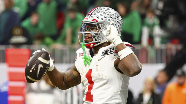 ATLANTA, GEORGIA - JANUARY 20: Quinshon Judkins #1 of the Ohio State Buckeyes celebrates after scoring a touchdown against the Notre Dame Fighting Irish during the first half of the 2025 College Football Playoff National Championship held at Mercedes-Benz Stadium on January 20, 2025 in Atlanta, Georgia.