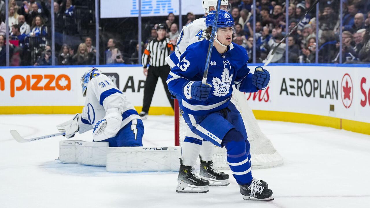 TORONTO, ON - JANUARY 20: Matthew Knies #23 of the Toronto Maple Leafs celebrates after scoring a goal during the second period against the Tampa Bay Lightning at the Scotiabank Arena on January 20, 2025 in Toronto, Ontario, Canada.