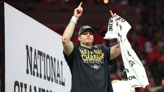 ATLANTA, GEORGIA - JANUARY 20: Will Howard #18 of the Ohio State Buckeyes celebrates after beating the Notre Dame Fighting Irish 34-23 in the 2025 CFP National Championship at the Mercedes-Benz Stadium on January 20, 2025 in Atlanta, Georgia.
