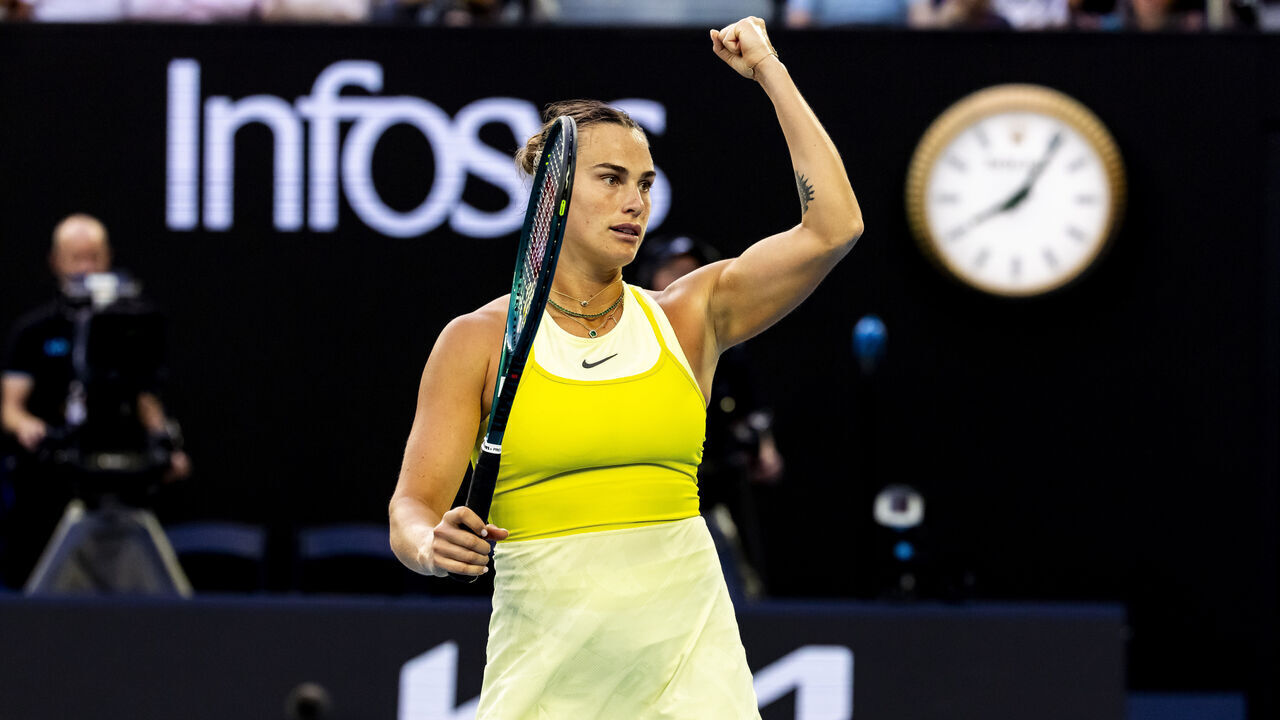 MELBOURNE, VIC - JANUARY 21: Aryna Sabalenka of Belarus celebrates during the Quarterfinals of the 2025 Australian Open on January 21 2025, at Melbourne Park in Melbourne, Australia.