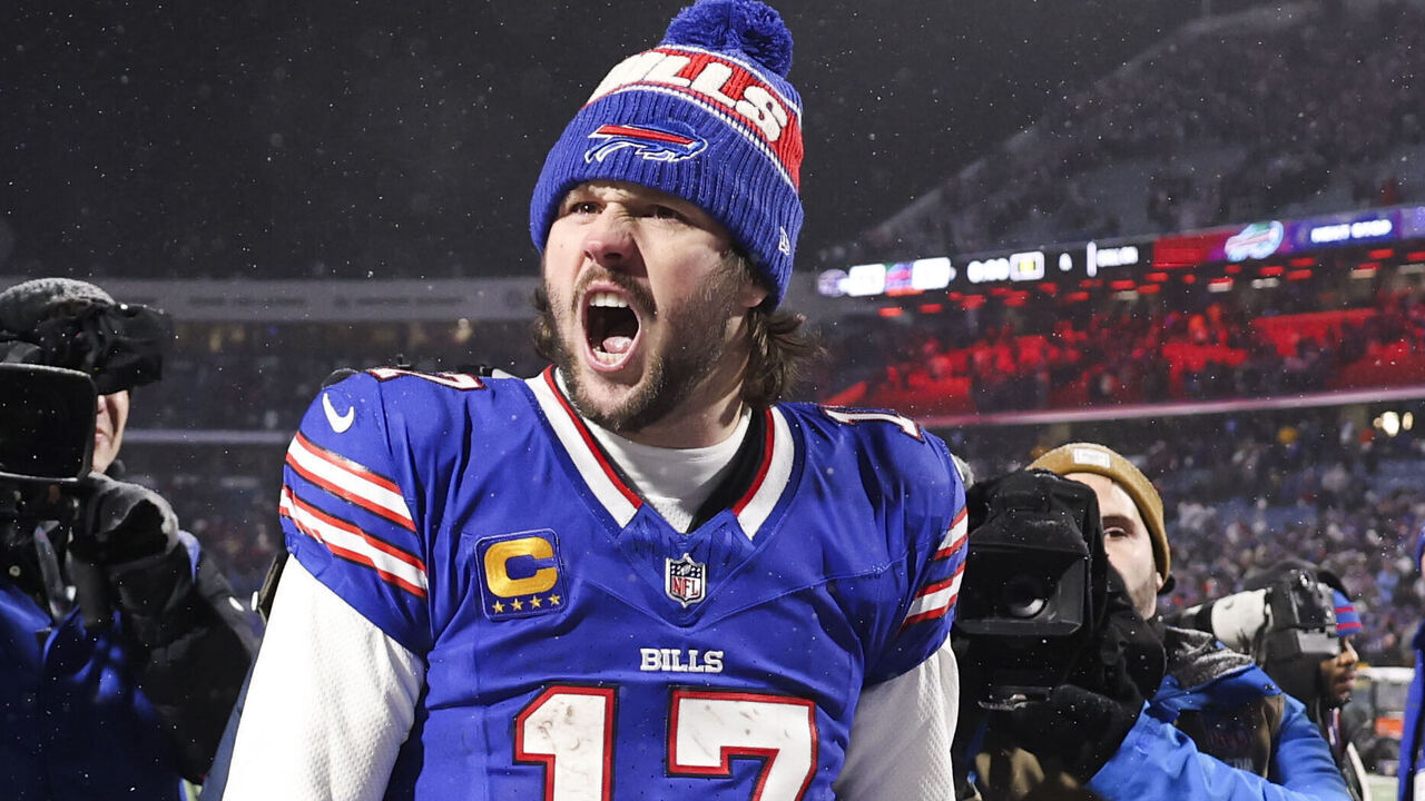 ORCHARD PARK, NEW YORK - JANUARY 19: Josh Allen #17 of the Buffalo Bills celebrates after a victory in the AFC Divisional Playoff against the Baltimore Ravens at Highmark Stadium on January 19, 2025 in Orchard Park, New York.
