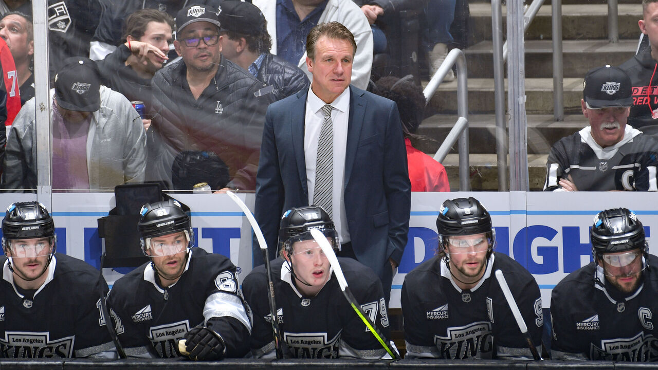 LOS ANGELES, CA - NOVEMBER 16: Los Angeles Kings Jim Hiller looks on from the bench during the second period against the Detroit Red Wings at Crypto.com Arena on November 16, 2024 in Los Angeles, California.