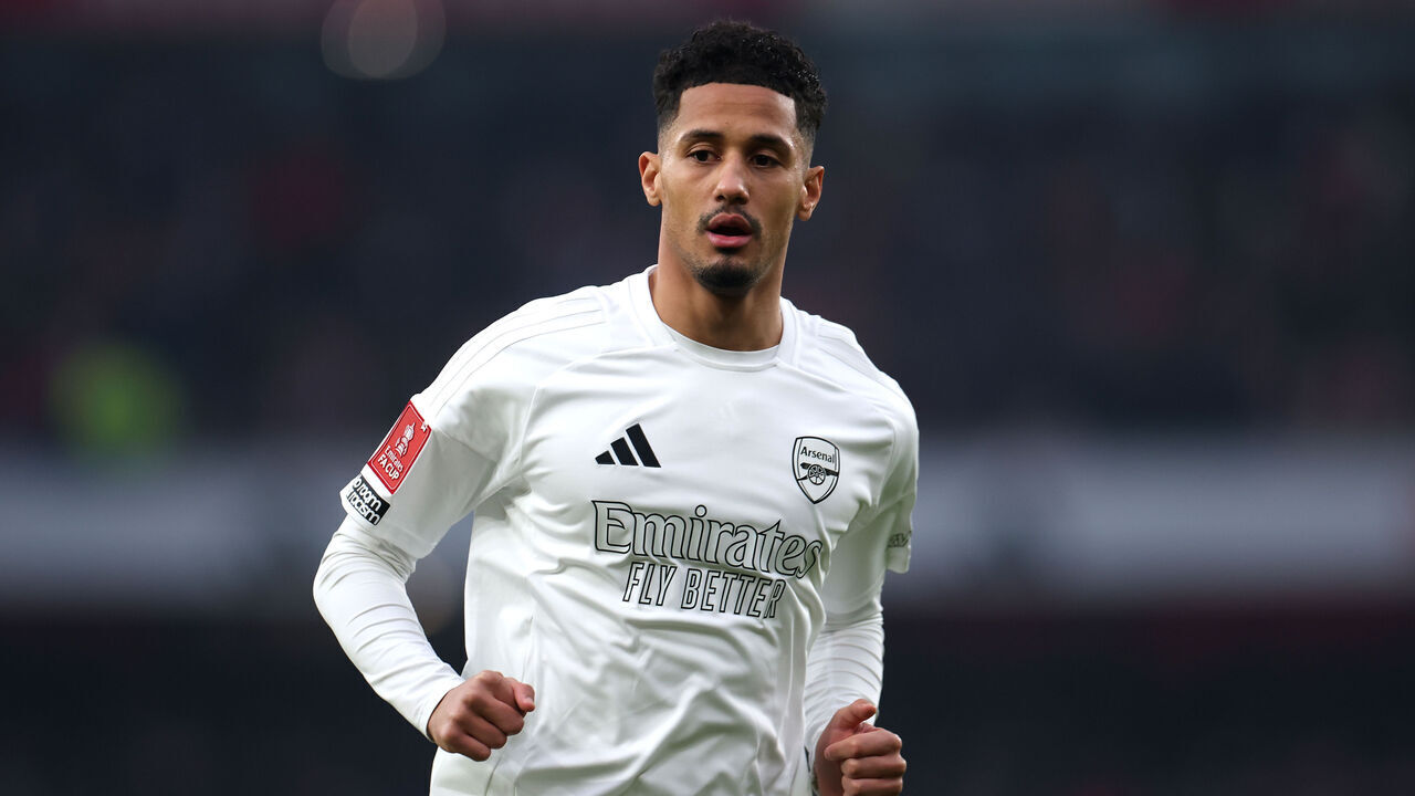 LONDON, ENGLAND - JANUARY 12: William Saliba of Arsenal during the Emirates FA Cup Third Round match between Arsenal and Manchester United at Emirates Stadium on January 12, 2025 in London, England.