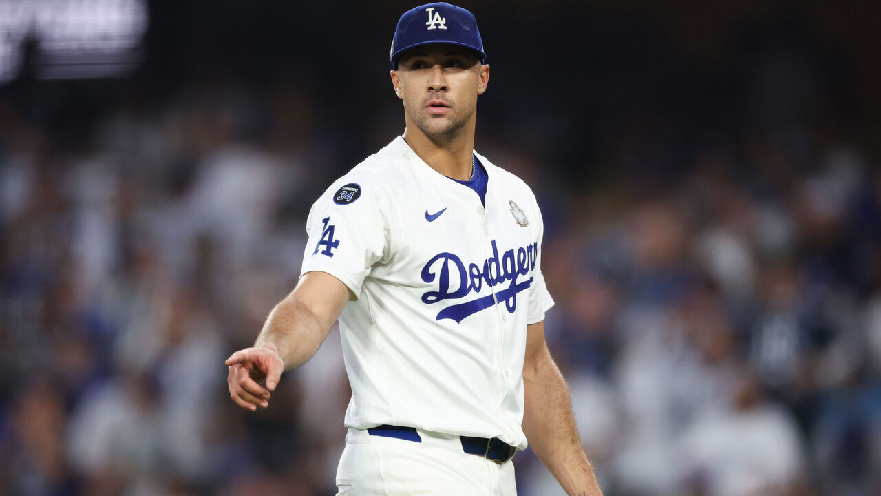 LOS ANGELES, CALIFORNIA - OCTOBER 25: Jack Flaherty #0 of the Los Angeles Dodgers reacts to the third out of the fourth inning against the New York Yankees during Game One of the 2024 World Series at Dodger Stadium on October 25, 2024 in Los Angeles, California.