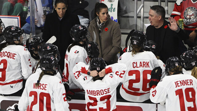 SAN JOSE, CALIFORNIA - NOVEMBER 06: ead coach Troy Ryan of Canada talks to his team during a break in play against the United States in the third period during the Rivalry Series at Tech CU Arena on November 06, 2024 in San Jose, California.