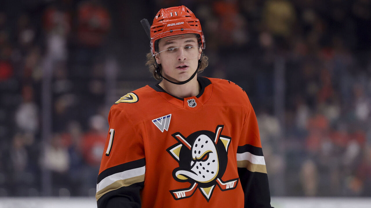 ANAHEIM, CALIFORNIA - DECEMBER 1: Trevor Zegras #11 of the Anaheim Ducks skates during the first period of a game against the Ottawa Senators at Honda Center on December 1, 2024 in Anaheim, California.