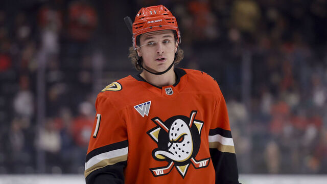 ANAHEIM, CALIFORNIA - DECEMBER 1: Trevor Zegras #11 of the Anaheim Ducks skates during the first period of a game against the Ottawa Senators at Honda Center on December 1, 2024 in Anaheim, California.