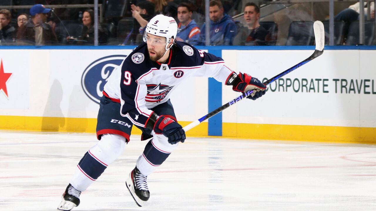 ELMONT, NEW YORK - JANUARY 20: Ivan Provorov #9 of the Columbus Blue Jackets skates against the New York Islanders at UBS Arena on January 20, 2025 in Elmont, New York.