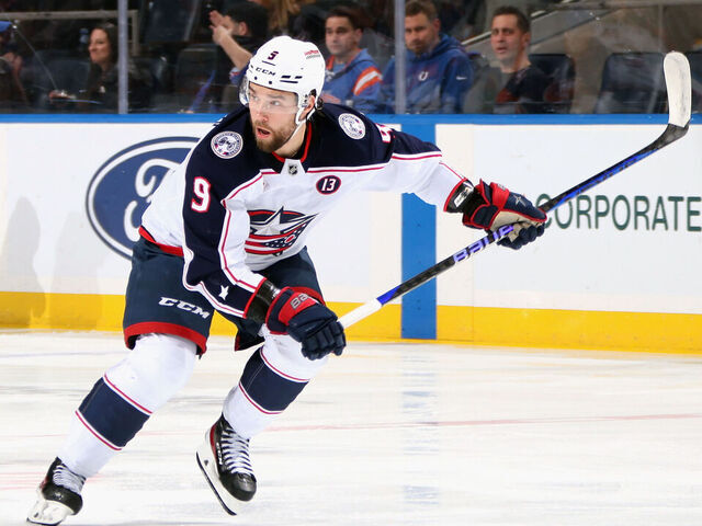 ELMONT, NEW YORK - JANUARY 20: Ivan Provorov #9 of the Columbus Blue Jackets skates against the New York Islanders at UBS Arena on January 20, 2025 in Elmont, New York.