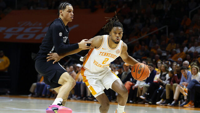KNOXVILLE, TENNESSEE - JANUARY 21: Chaz Lanier #2 of the Tennessee Volunteers dribbles past Riley Kugel #2 of the Mississippi State Bulldogs during the second half at Thompson-Boling Arena on January 21, 2025 in Knoxville, Tennessee.