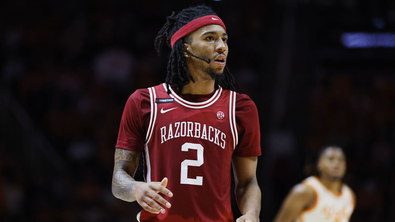 KNOXVILLE, TENNESSEE - JANUARY 04: Boogie Fland #2 of the Arkansas Razorbacks looks on during the second half of the game against the Tennessee Volunteers at Thompson-Boling Arena on January 04, 2025 in Knoxville, Tennessee.