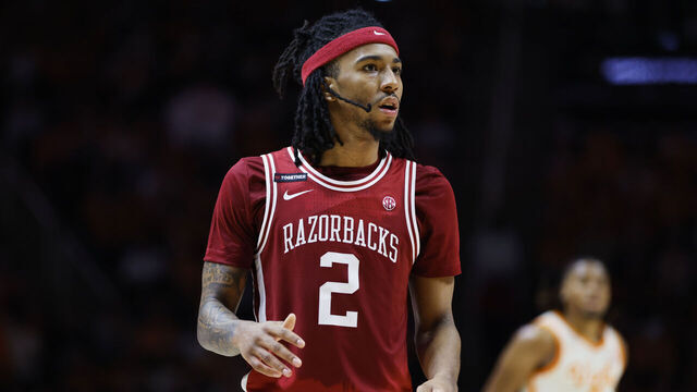 KNOXVILLE, TENNESSEE - JANUARY 04: Boogie Fland #2 of the Arkansas Razorbacks looks on during the second half of the game against the Tennessee Volunteers at Thompson-Boling Arena on January 04, 2025 in Knoxville, Tennessee.