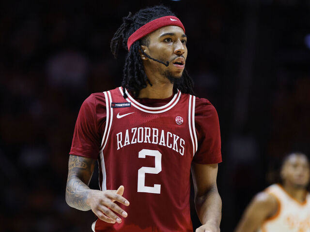 KNOXVILLE, TENNESSEE - JANUARY 04: Boogie Fland #2 of the Arkansas Razorbacks looks on during the second half of the game against the Tennessee Volunteers at Thompson-Boling Arena on January 04, 2025 in Knoxville, Tennessee.