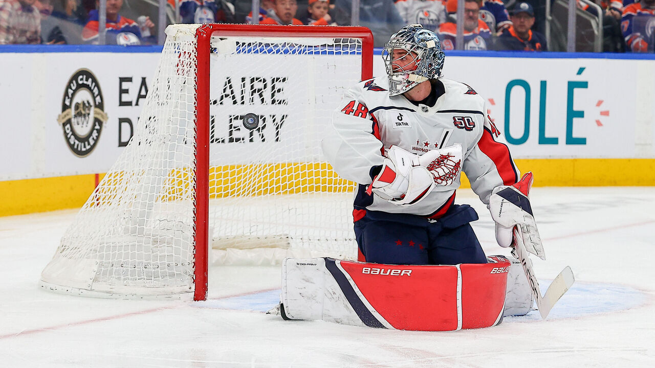 EDMONTON, AB - JANUARY 21 Washington Capitals Goalie Logan Thompson (48) lets in a goal in the third period of the Edmonton Oilers game versus the Washington Capitals on January 21, 2025 at Rogers Place in Edmonton, AB.