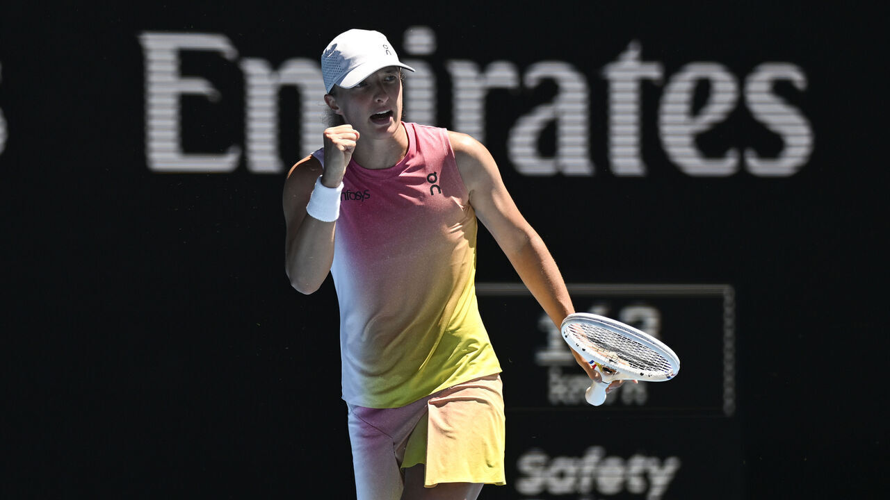 MELBOURNE, AUSTRALIA - JANUARY 22: Iga Swiatek of Poland in action against Emma Navarro of United States of America (not seen) during Quarter Finals at the Australian Open grand slam tennis tournament at Melbourne Park in Melbourne, Australia on January 22, 2025