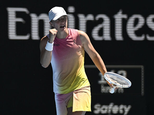 MELBOURNE, AUSTRALIA - JANUARY 22: Iga Swiatek of Poland in action against Emma Navarro of United States of America (not seen) during Quarter Finals at the Australian Open grand slam tennis tournament at Melbourne Park in Melbourne, Australia on January 22, 2025