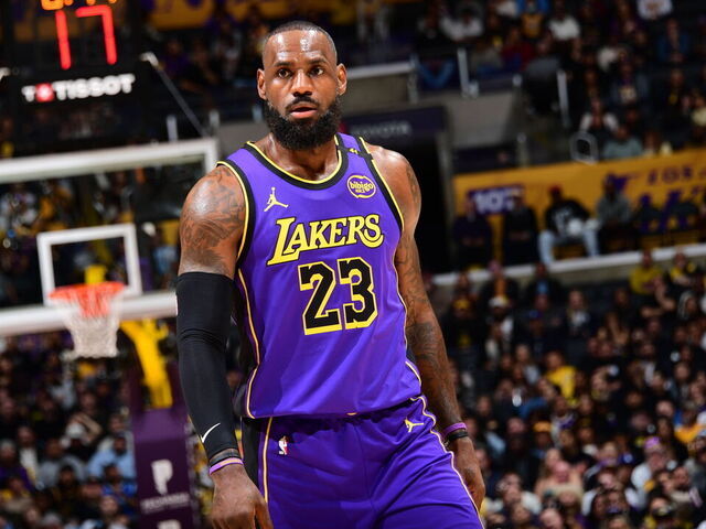 LOS ANGELES, CA - JANUARY 21: LeBron James #23 of the Los Angeles Lakers looks on during the game against the Washington Wizards on January 21, 2025 at Crypto.Com Arena in Los Angeles, California. NOTE TO USER: User expressly acknowledges and agrees that, by downloading and/or using this Photograph, user is consenting to the terms and conditions of the Getty Images License Agreement. Mandatory Copyright Notice: Copyright 2025 NBAE