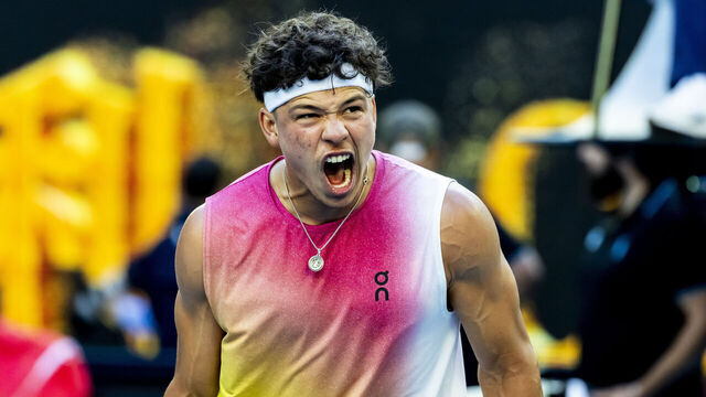 MELBOURNE, VIC - JANUARY 22: Ben Shelton of the United States of America celebrates during the Quarterfinals of the 2025 Australian Open on January 22 2025, at Melbourne Park in Melbourne, Australia.