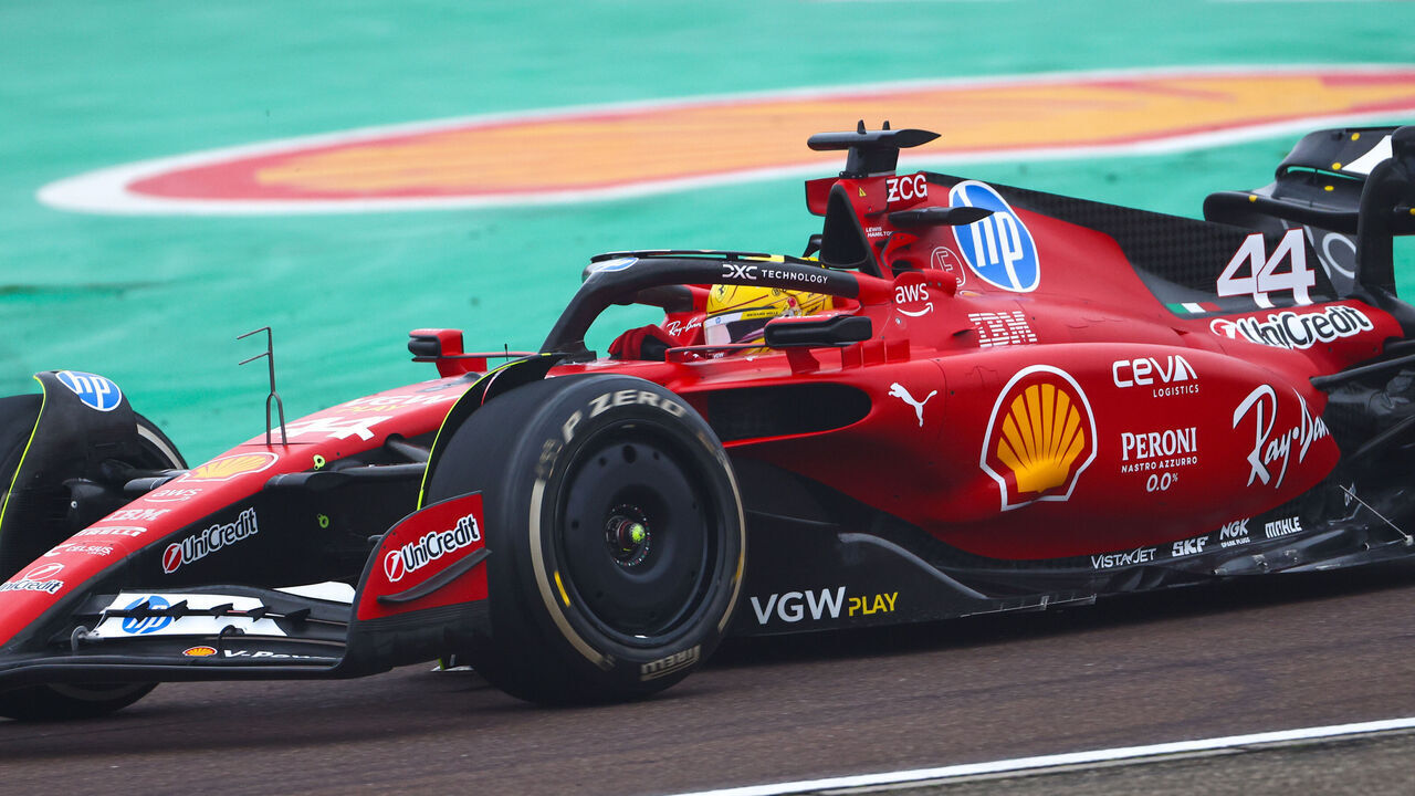 Lewis Hamilton of the UK drives an F1 Ferrari during his first Ferrari F1 test in Maranello, Italy, on January 22, 2025.