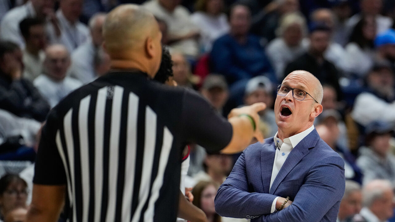 STORRS, CONNECTICUT - JANUARY 18: Connecticut Huskies head coach Dan Hurley talks to officials during the first half of an NCAA basketball game against the Creighton Bluejays at the Harry A. Gampel Pavilion on January 18, 2025 in Storrs, Connecticut.