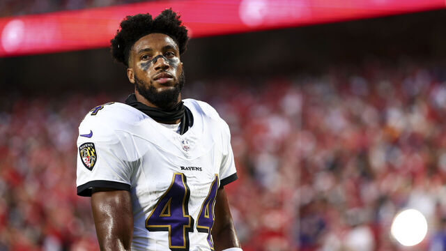 KANSAS CITY, MO - SEPTEMBER 5: Marlon Humphrey #44 of the Baltimore Ravens warms up prior to an NFL football game against the Kansas City Chiefs at GEHA Field at Arrowhead Stadium on September 5, 2024 in Kansas City, Missouri.