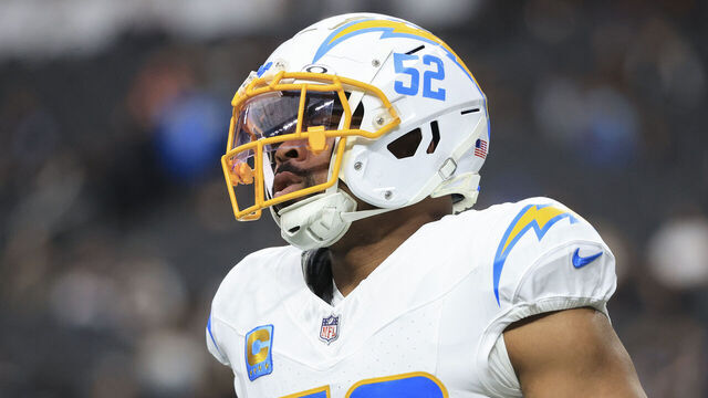 LAS VEGAS, NEVADA - JANUARY 05: Khalil Mack #52 of the Los Angeles Chargers looks on prior to a game against the Las Vegas Raiders at Allegiant Stadium on January 05, 2025 in Las Vegas, Nevada.