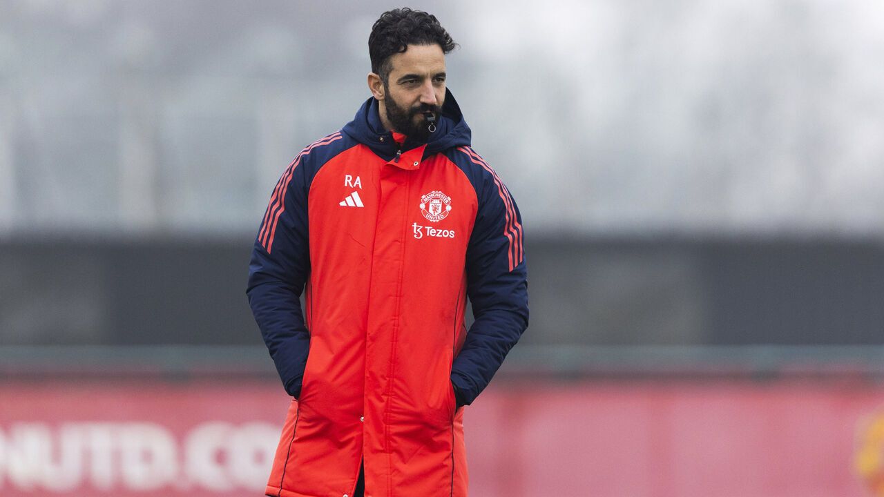 MANCHESTER, ENGLAND - JANUARY 22: Manchester United Head Coach Ruben Amorim during a Manchester United training session at the Carrington Training Centre, on January 22, 2025, in Manchester, England.
